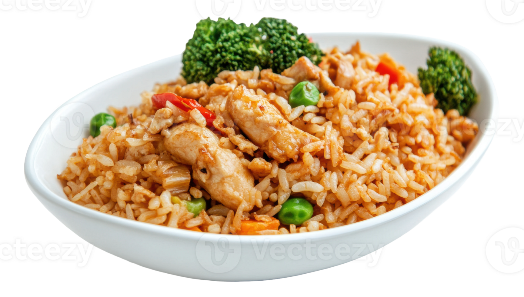 Fried rice with chicken and vegetables in a bowl, cut out - stock . png