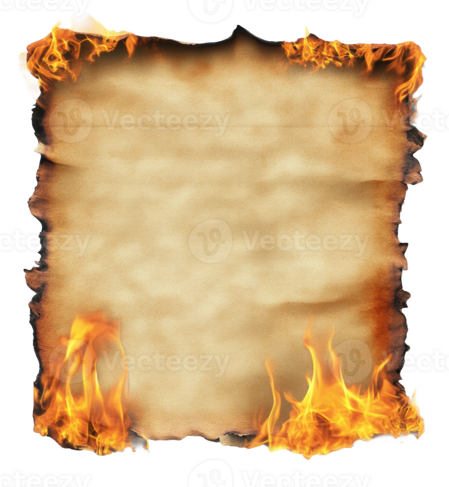Burnt parchment with flames at the edges, cut out - stock . png