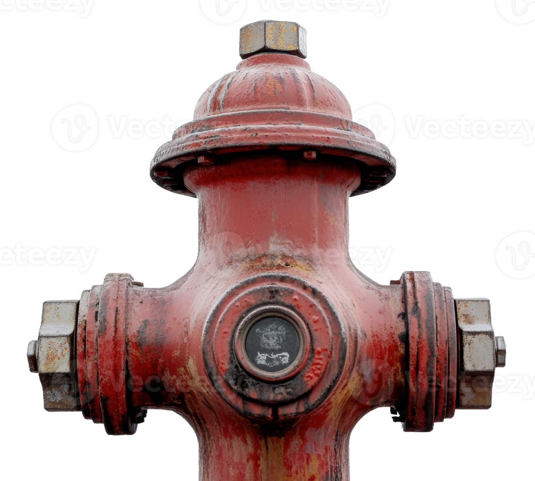 Red fire hydrant with a weathered appearance in a urban setting, cut out - stock . png