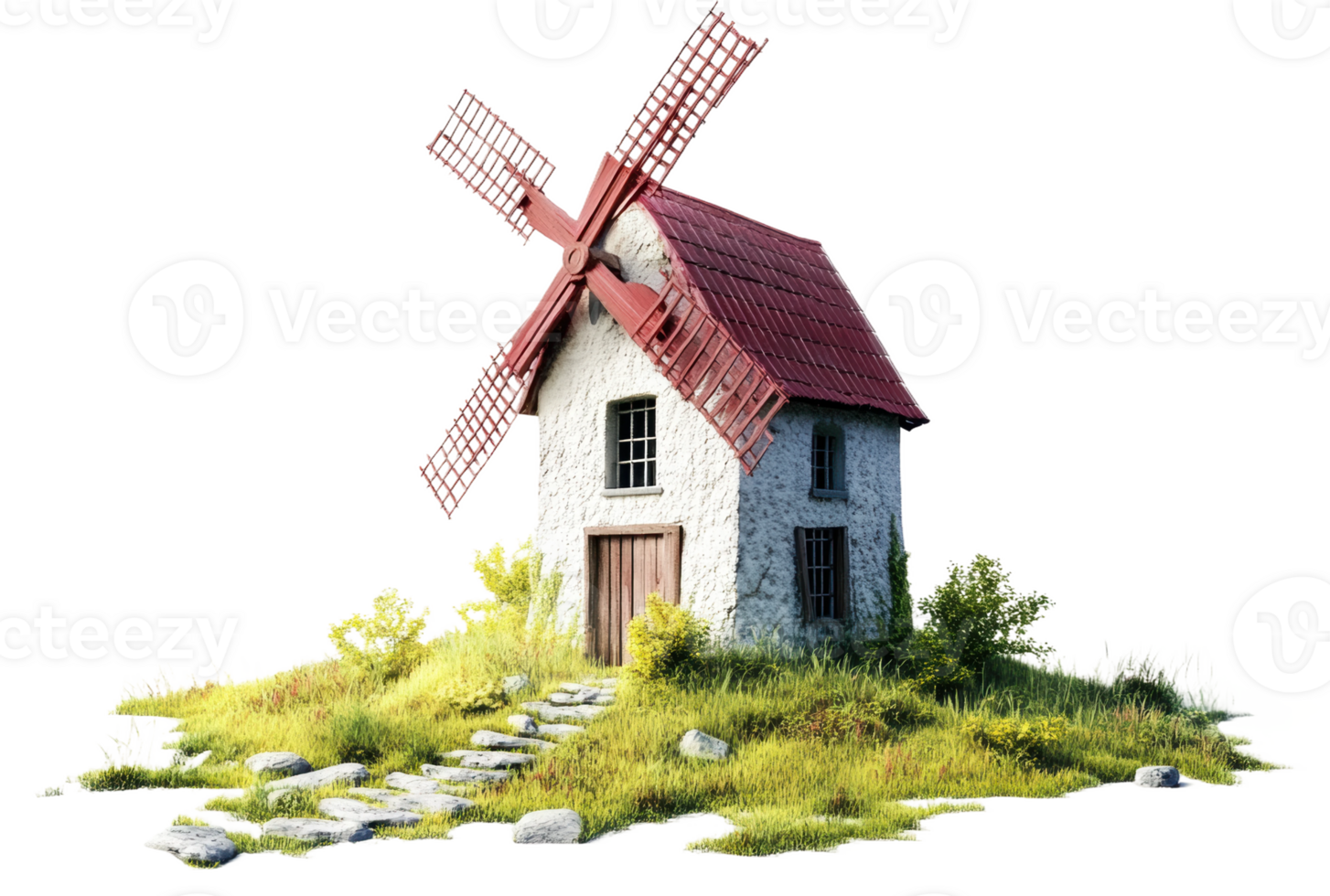Windmill on a grassy hill surrounded by lush vegetation, cut out - stock . png