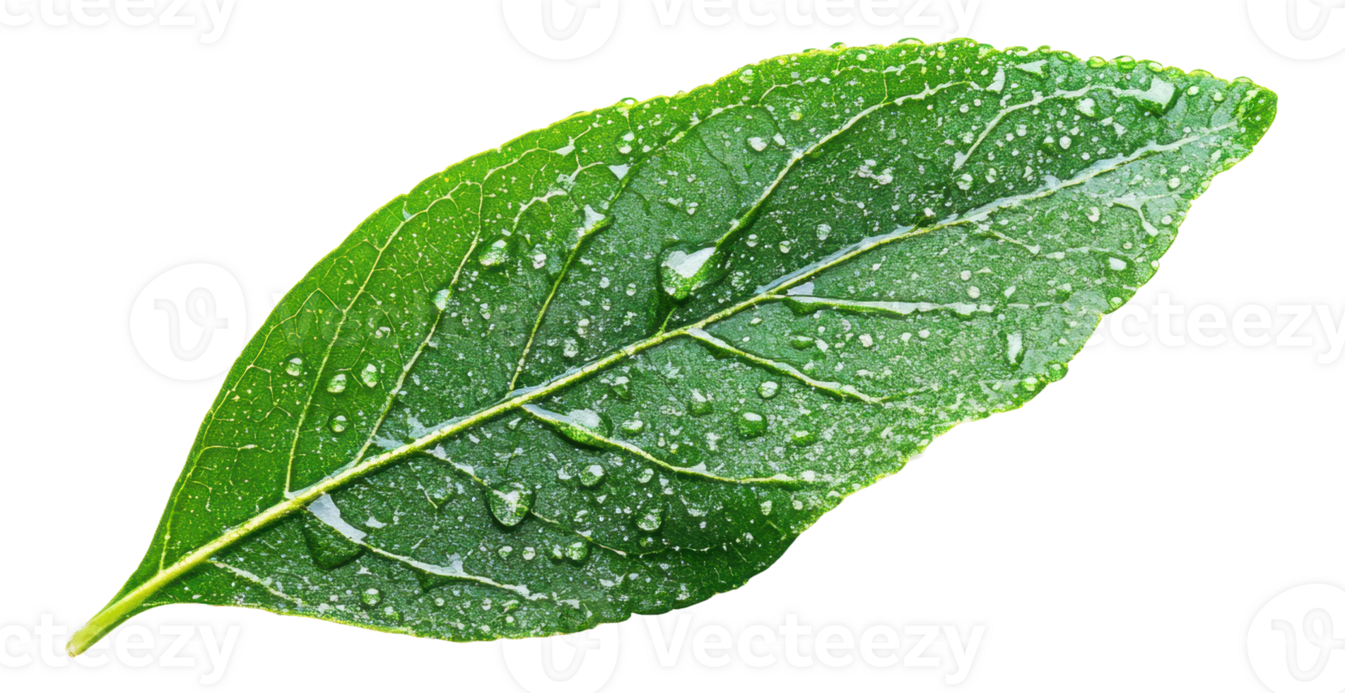 Fresh green leaf with water droplets, cut out - stock . png