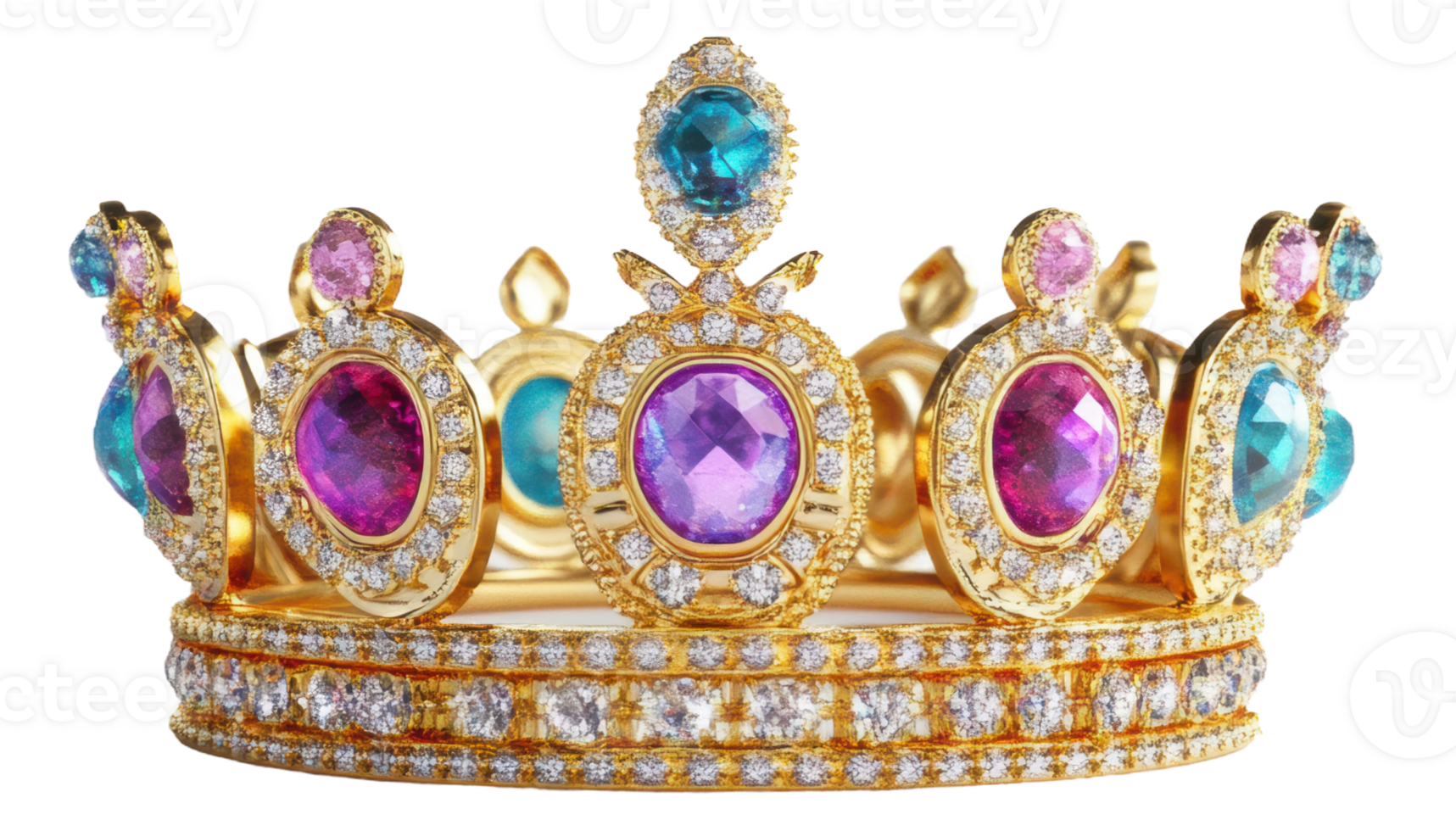 A golden crown adorned with vibrant gemstones and diamonds, cut out - stock . png
