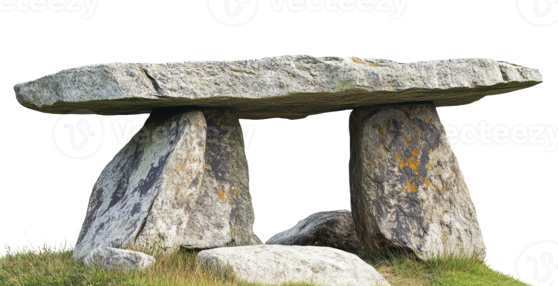 Ancient stone table monument located in a grassy field with a cloudy sky overhead during daylight, cut out - stock . png