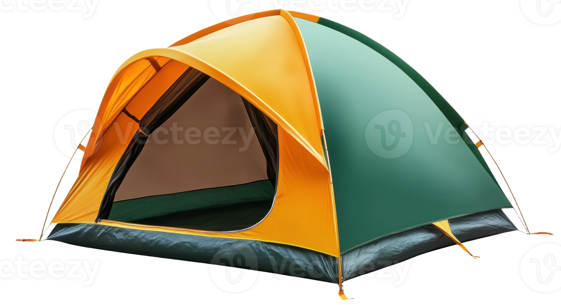 Colorful camping tent set up in a natural outdoor environment during daylight hours, cut out - stock . png