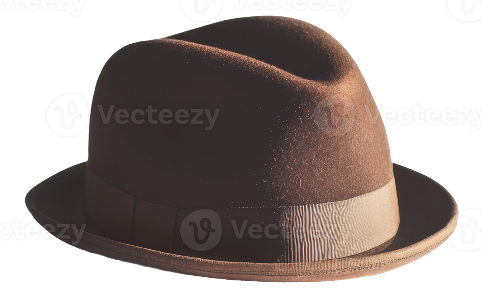 A classic brown fedora hat with a sleek design and satin band, cut out - stock . png