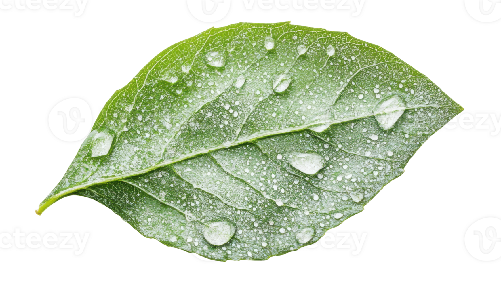 Fresh green leaf with droplets resting, cut out - stock . png