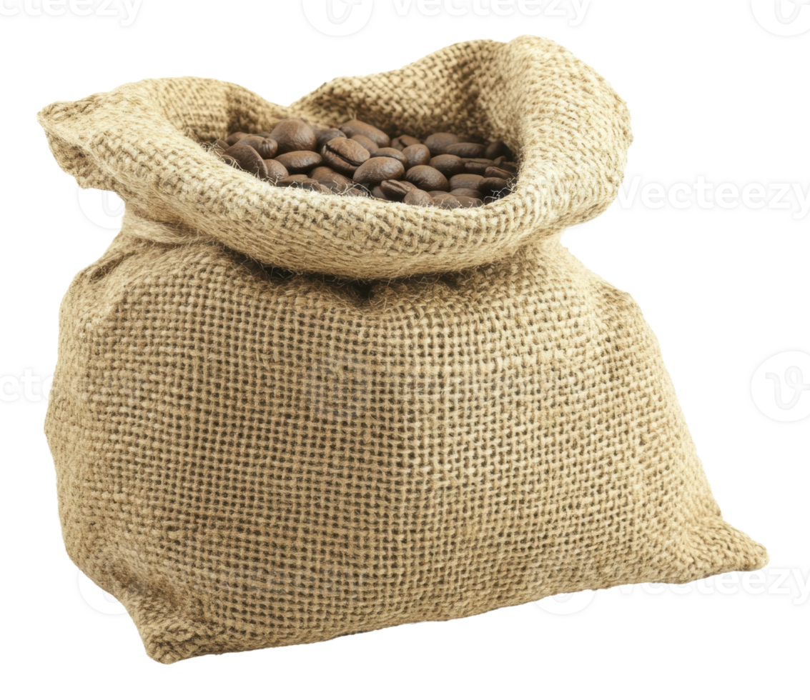 Burlap sack filled with coffee beans, cut out - stock . png