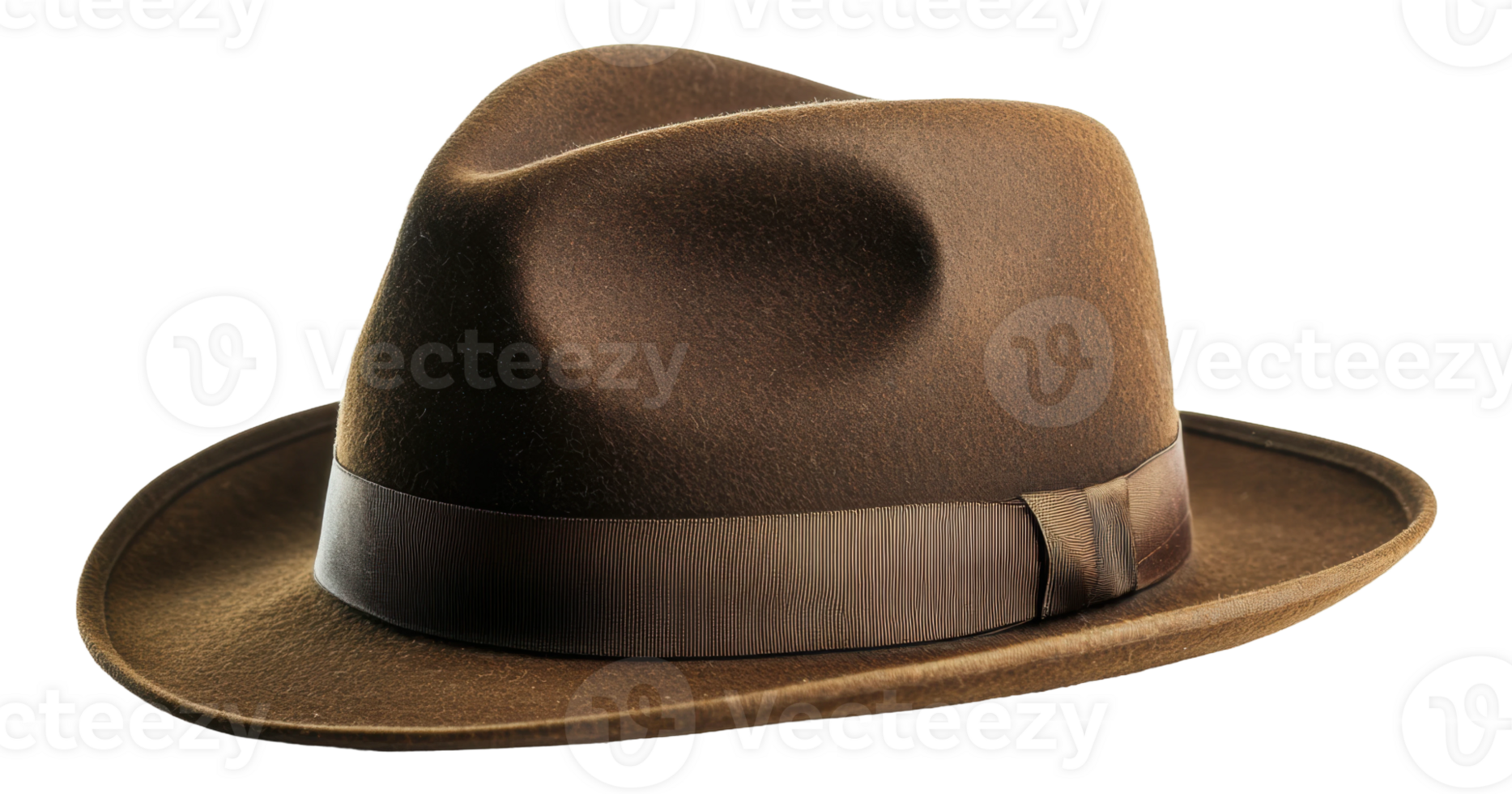 Classic brown fedora hat with a wide brim and ribbon band, cut out - stock . png