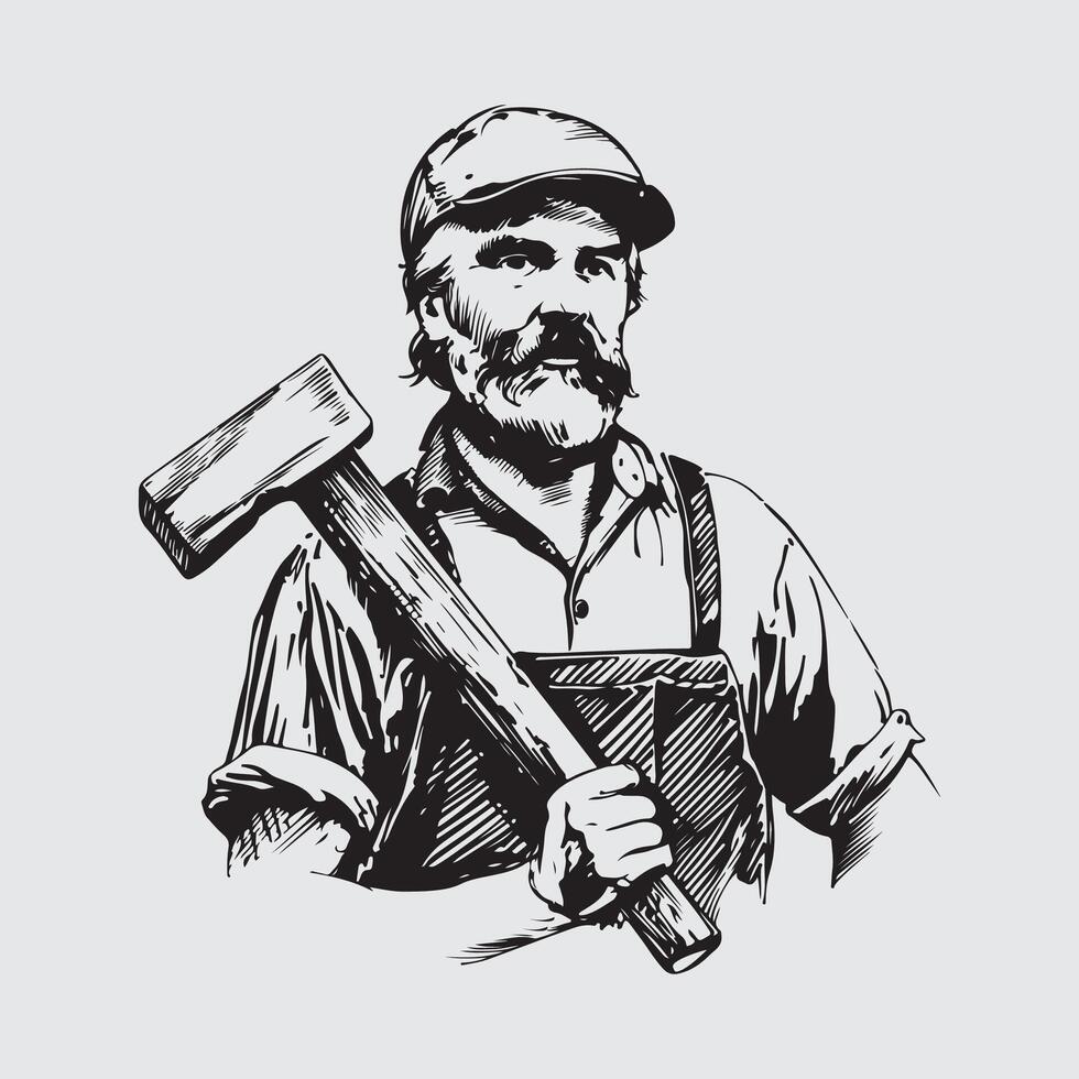 Carpenter image White Background. Portrait Carpenter Old Man Stock isolated on white background vector