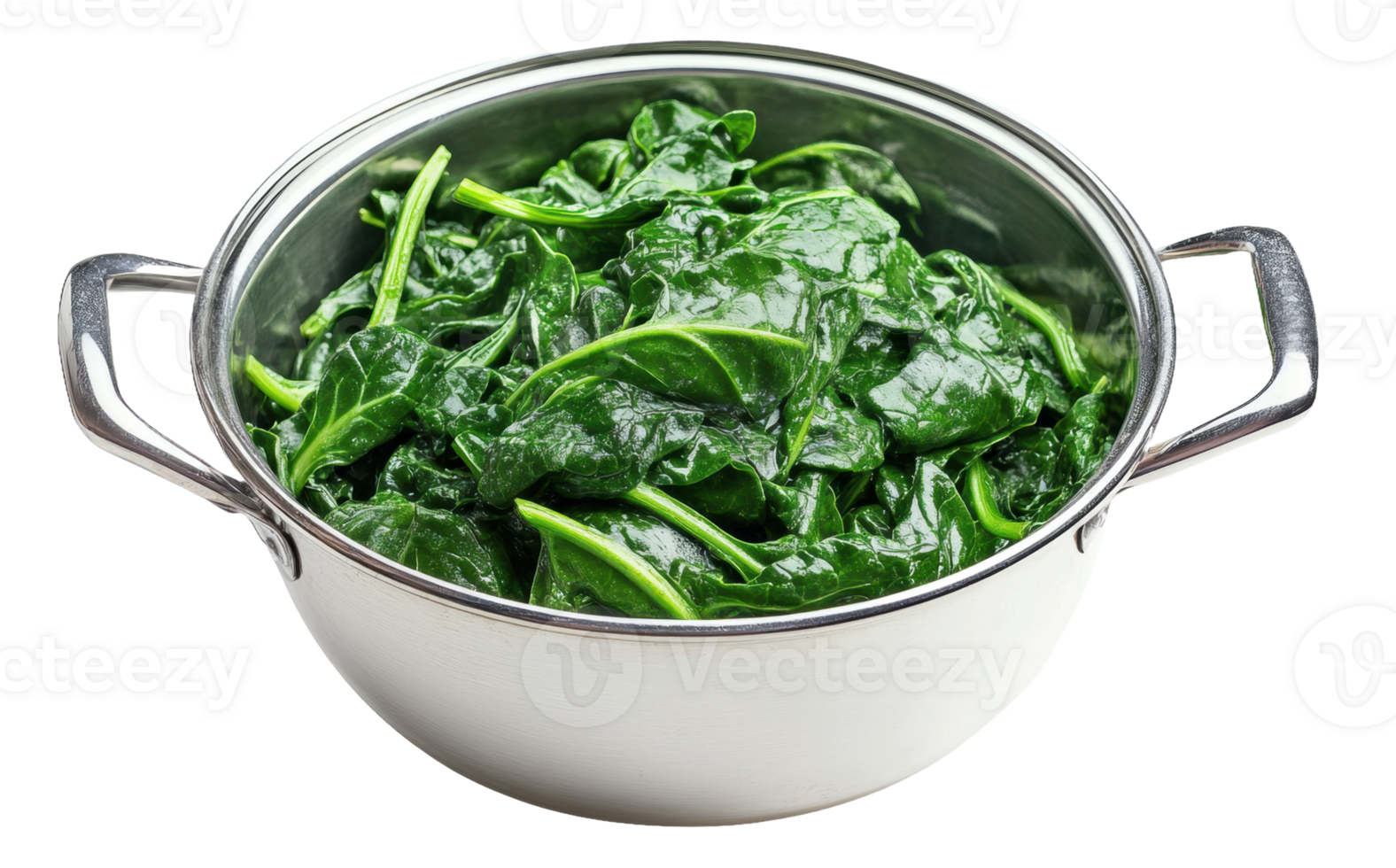 Fresh spinach in a stainless steel pot, cut out - stock . png