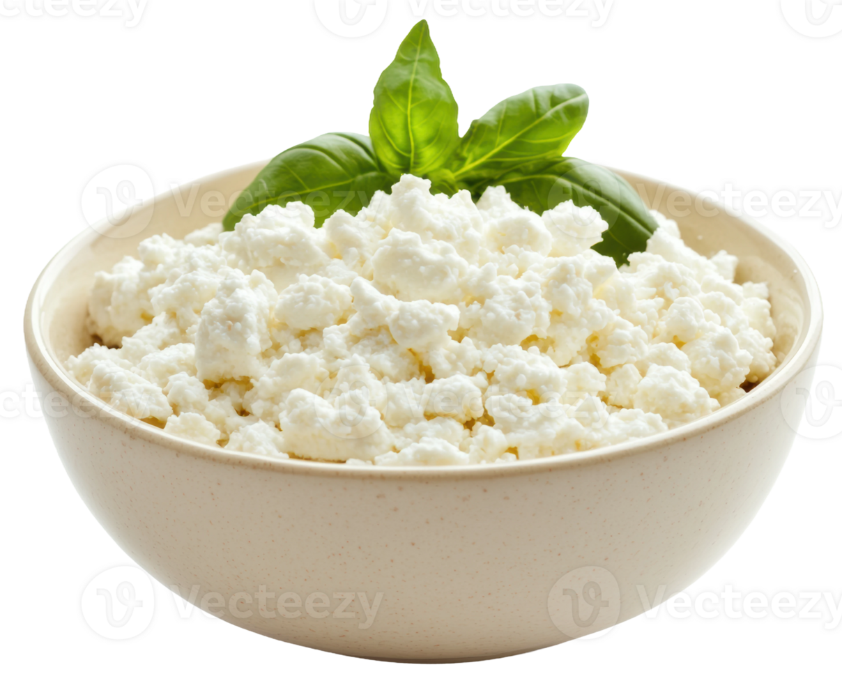 Fresh cottage cheese served in a bowl with a basil leaf garnish, cut out - stock . png