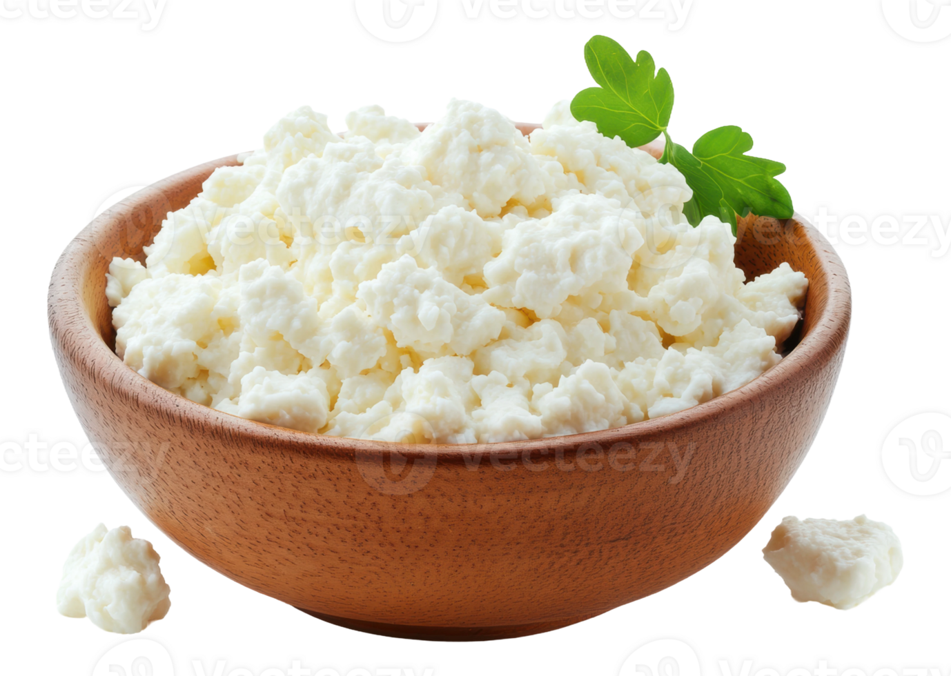 Fresh cottage cheese served in a wooden bowl with a sprig of parsley, cut out - stock . png