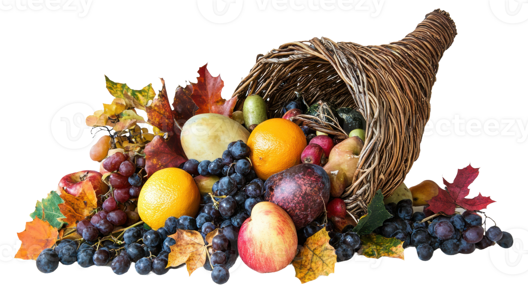 Cornucopia filled with colorful fruits and autumn leaves, cut out - stock . png