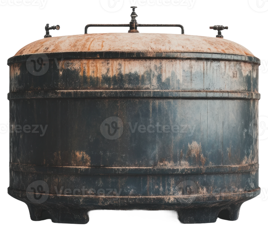 Vintage industrial storage tank in an urban setting during daylight hours, cut out - stock . png