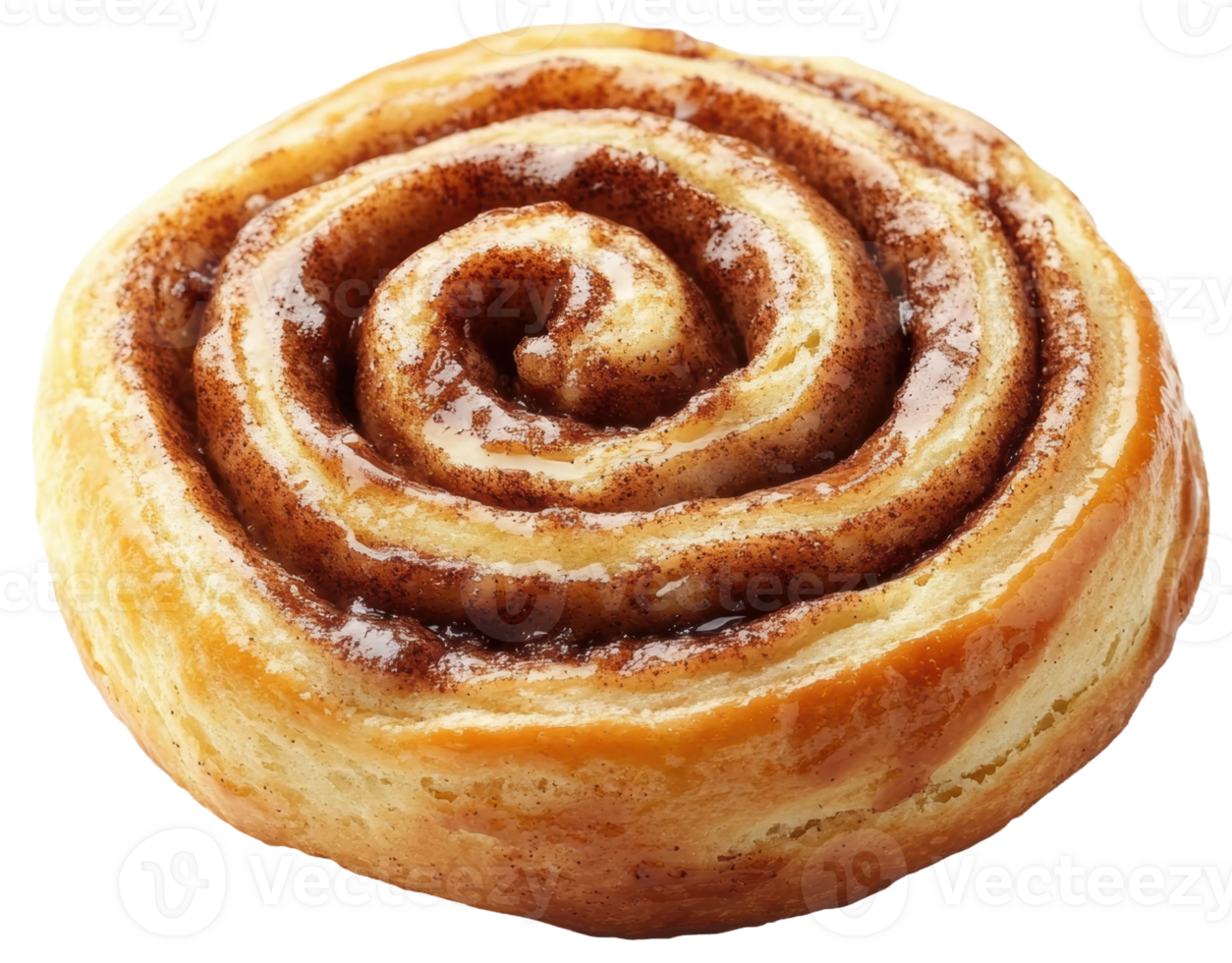 Freshly baked cinnamon roll with swirls of frosting, cut out - stock . png