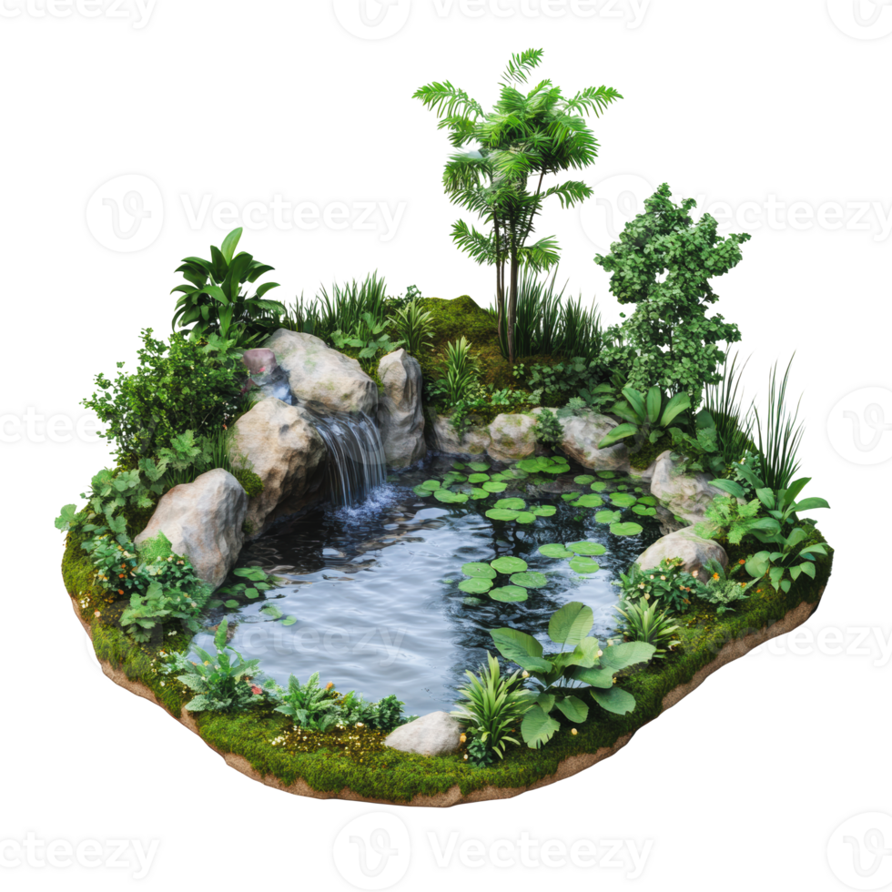 Small pond with waterfall and lush greenery png