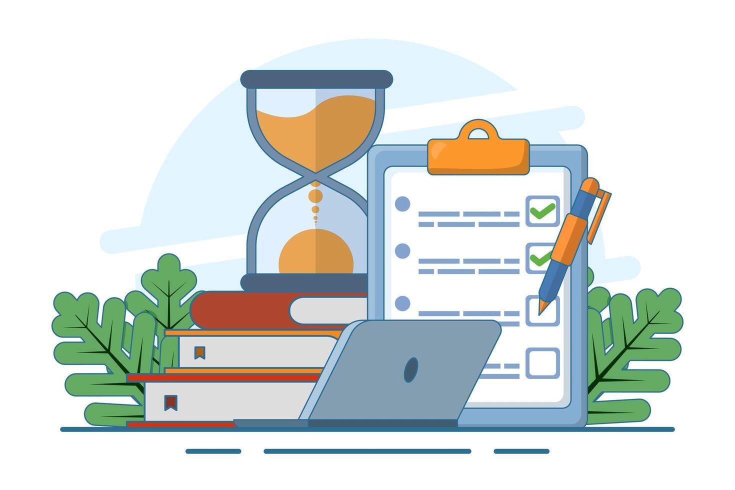 Exam concept, exam paper with timer and hourglass, Exam, Survey, Checklist, Test, Assignment deadline, exam preparation, subject learning course, education concept. flat illustration. vector