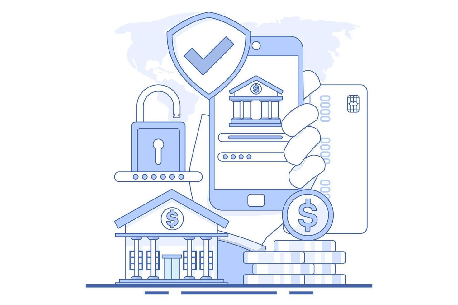 Concept of online banking or saving money online, mobile bill payment, mobile wallet, start-up business project, online survey, business planning. flat illustration on background. vector