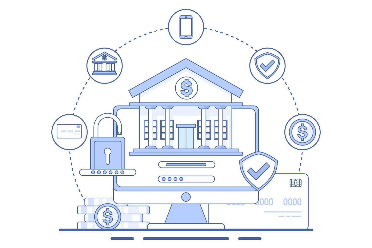 Concept of online banking or saving money online, mobile bill payment, mobile wallet, start-up business project, online survey, business planning. flat illustration on background. vector