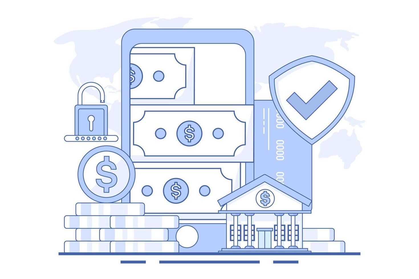 Concept of online banking or saving money online, mobile bill payment, mobile wallet, start-up business project, online survey, business planning. flat illustration on background. vector