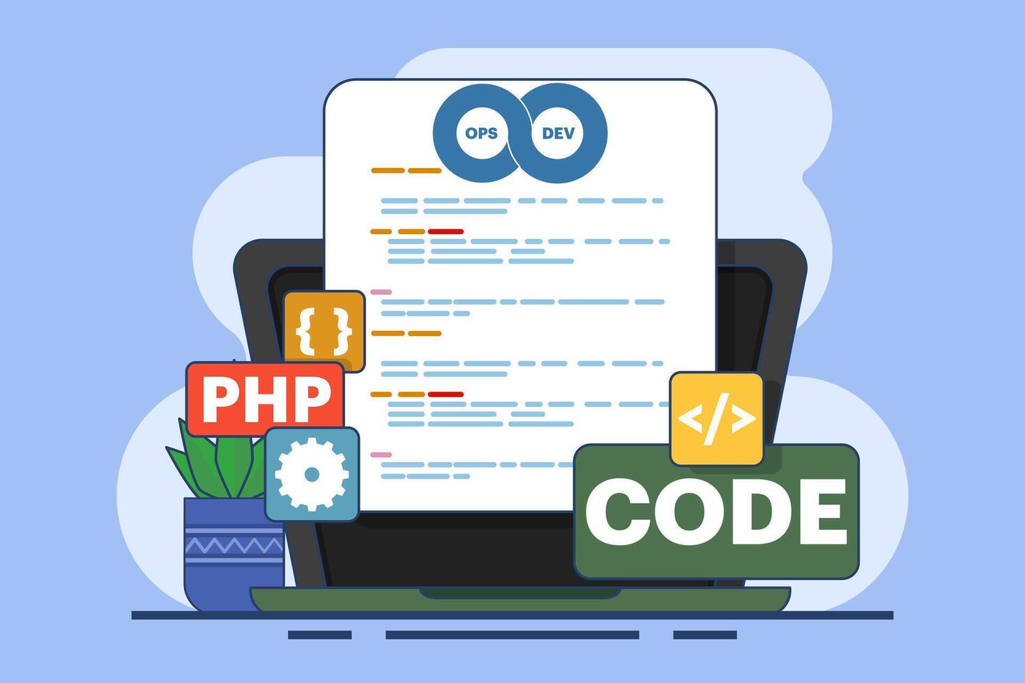 Software development and operations program practice concept, DevOps methodology, technical support, automation process, software development and operations, flat illustration. vector