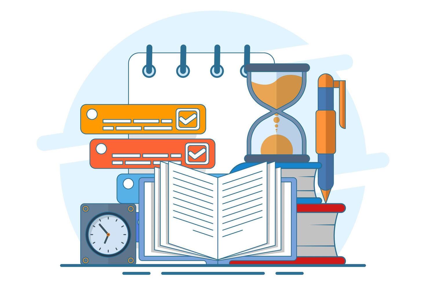 Exam concept, exam paper with timer and hourglass, Exam, Survey, Checklist, Test, Assignment deadline, exam preparation, subject learning course, education concept. flat illustration. vector