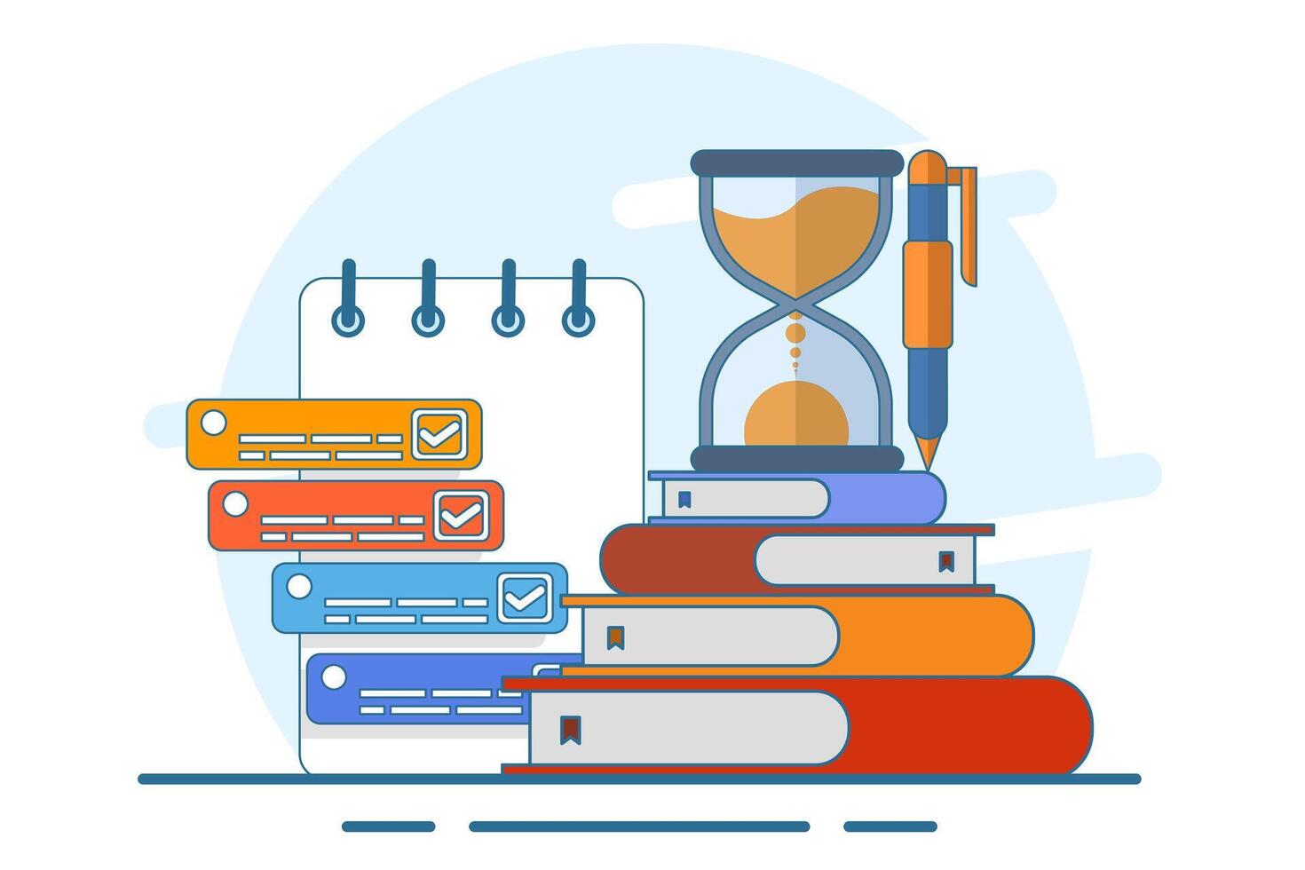 Exam concept, exam paper with timer and hourglass, Exam, Survey, Checklist, Test, Assignment deadline, exam preparation, subject learning course, education concept. flat illustration. vector