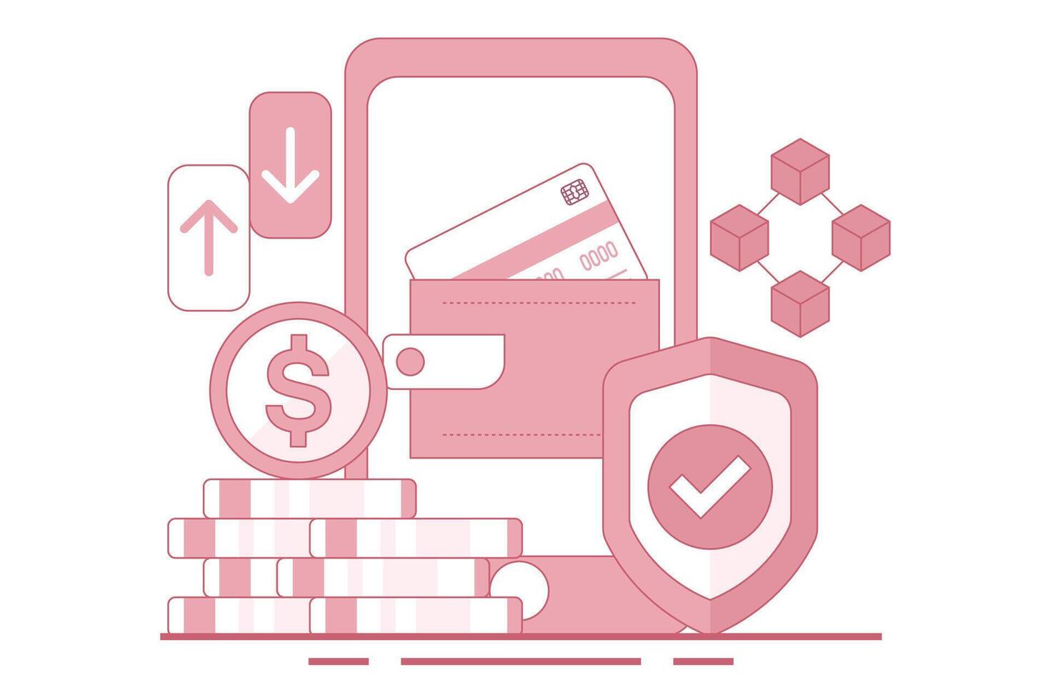 Concept of Mobile wallet or saving money online. online banking infographics, mobile bill payments, start-up business projects, online surveys, business planning. flat illustration. vector