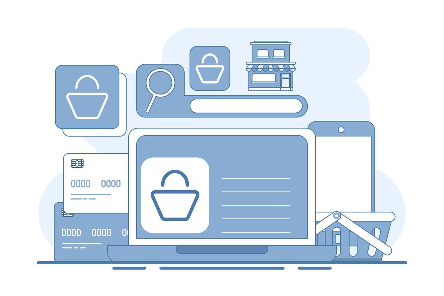 Concept of e-commerce, business marketing, online shopping, Online ordering, e-commerce website, Digital or Virtual market, buy from online shop. flat illustration on background. vector