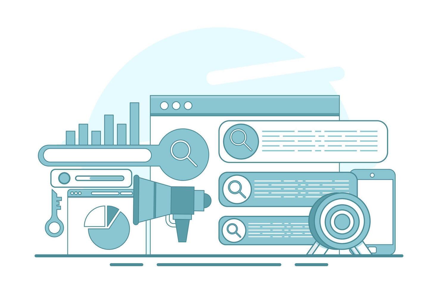 search engine optimization concepts, SEO, search engine optimization algorithms, data monitoring and analysis, business marketing, SEO link building strategies. flat illustration on background. vector
