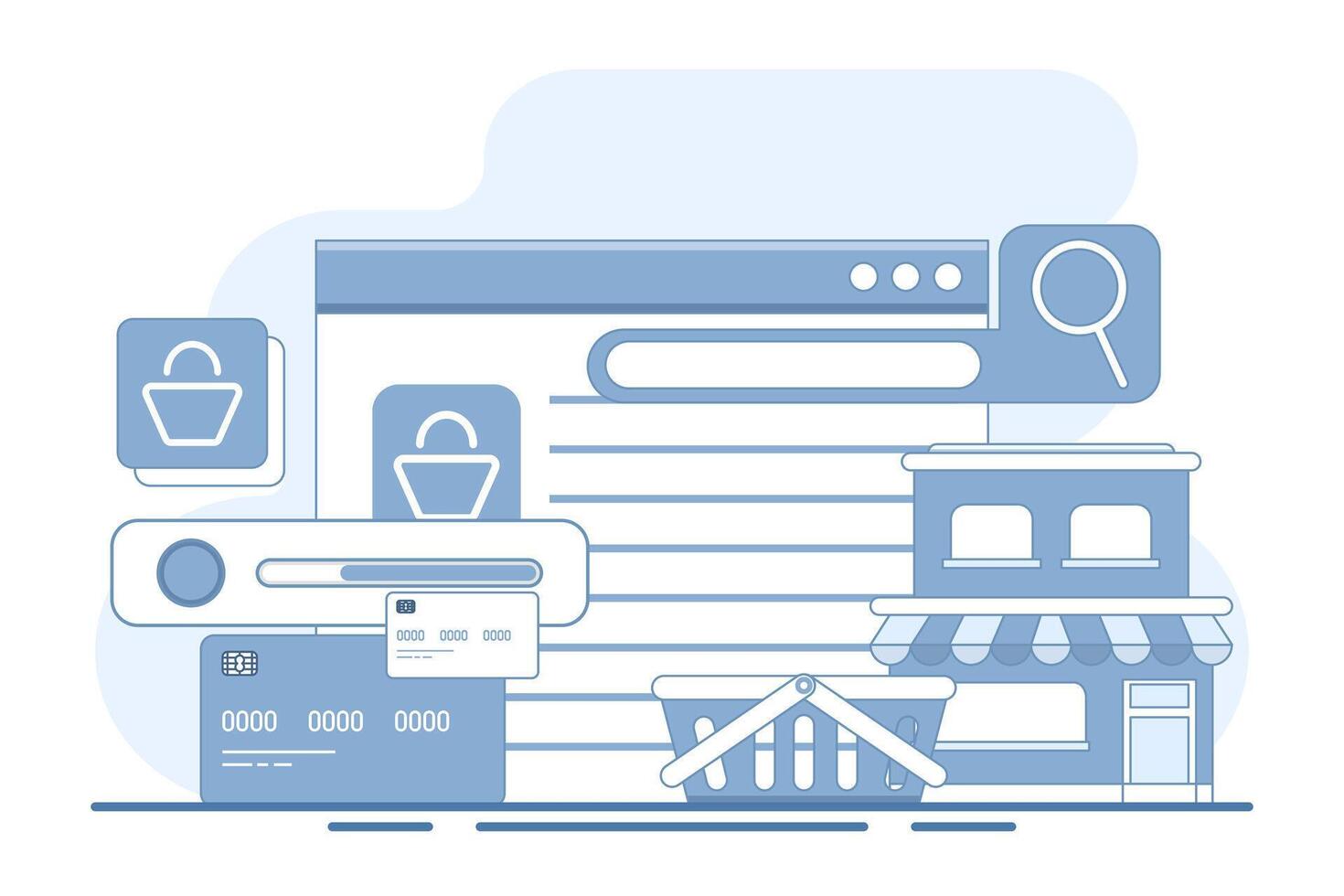 Concept of e-commerce, business marketing, online shopping, Online ordering, e-commerce website, Digital or Virtual market, buy from online shop. flat illustration on background. vector