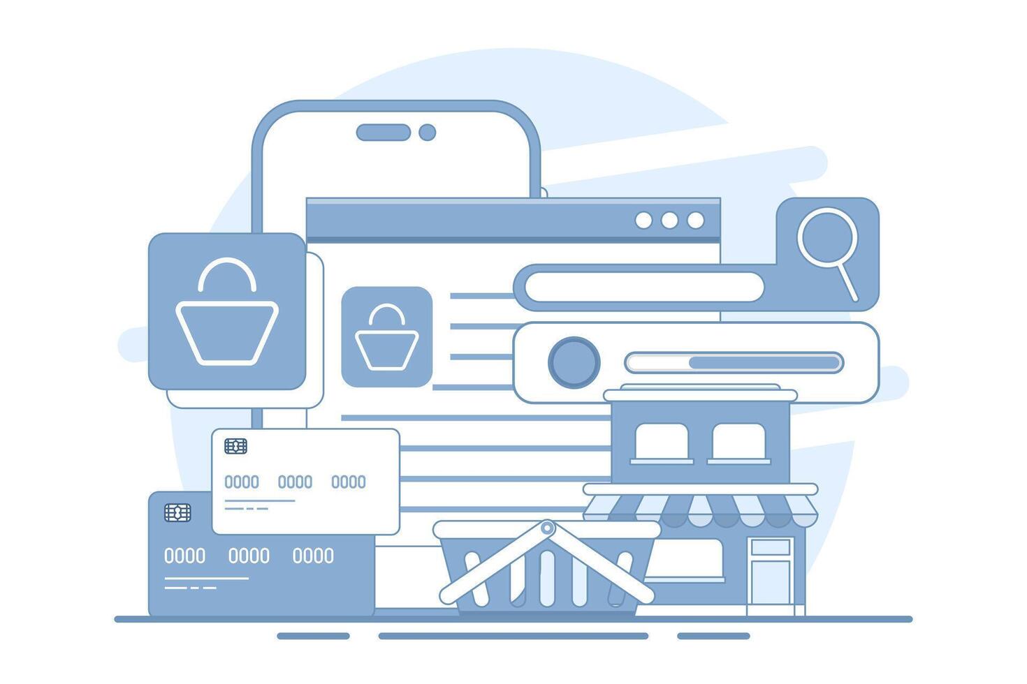 Concept of e-commerce, business marketing, online shopping, Online ordering, e-commerce website, Digital or Virtual market, buy from online shop. flat illustration on background. vector