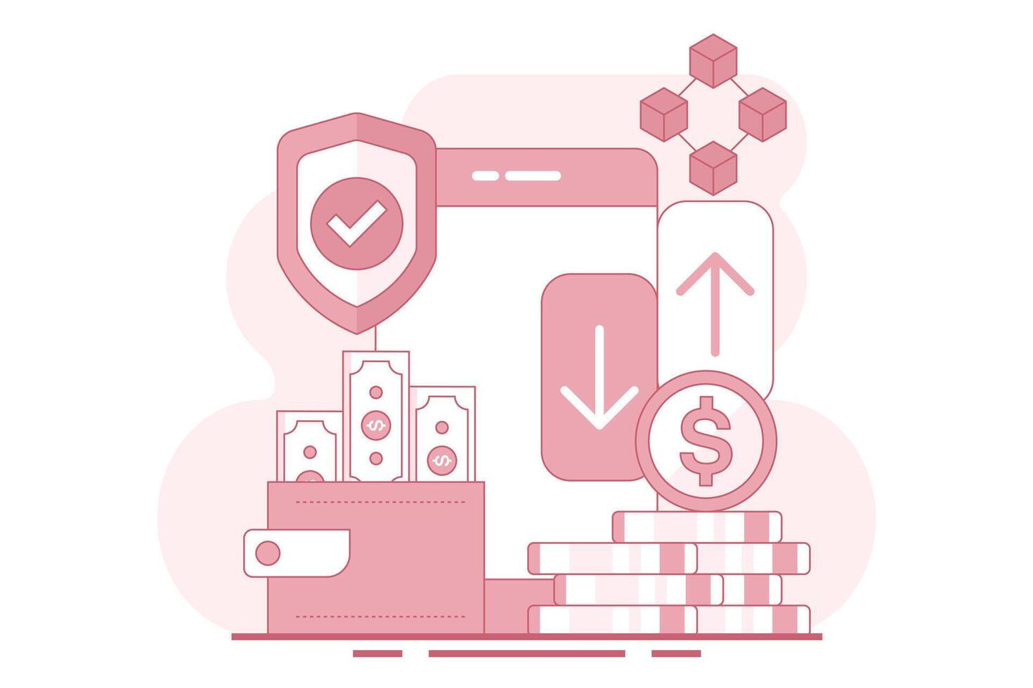 Concept of Mobile wallet or saving money online. online banking infographics, mobile bill payments, start-up business projects, online surveys, business planning. flat illustration. vector