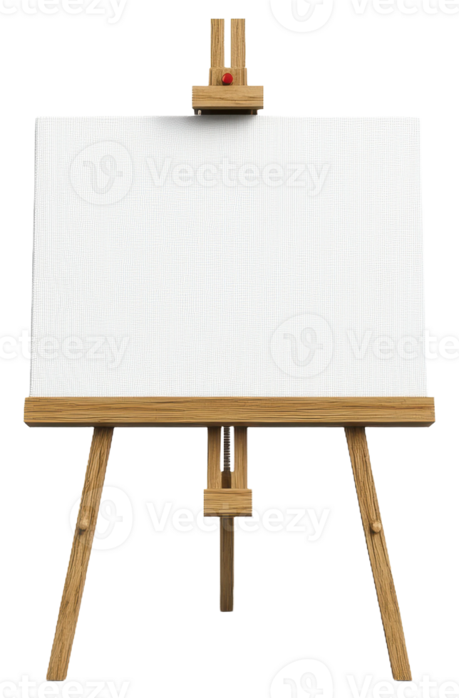 Empty canvas on a wooden easel in a well-lit studio ready for an artistic creation, cut out - stock . png