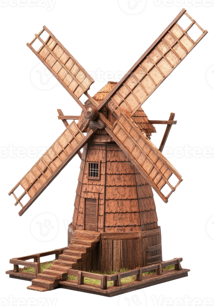 A detailed wooden windmill model with spinning blades on a rustic base, cut out - stock . png