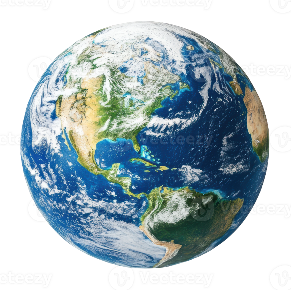 A detailed view of Earth showcasing continents, oceans, and weather patterns against a dark backdrop, cut out - stock . png