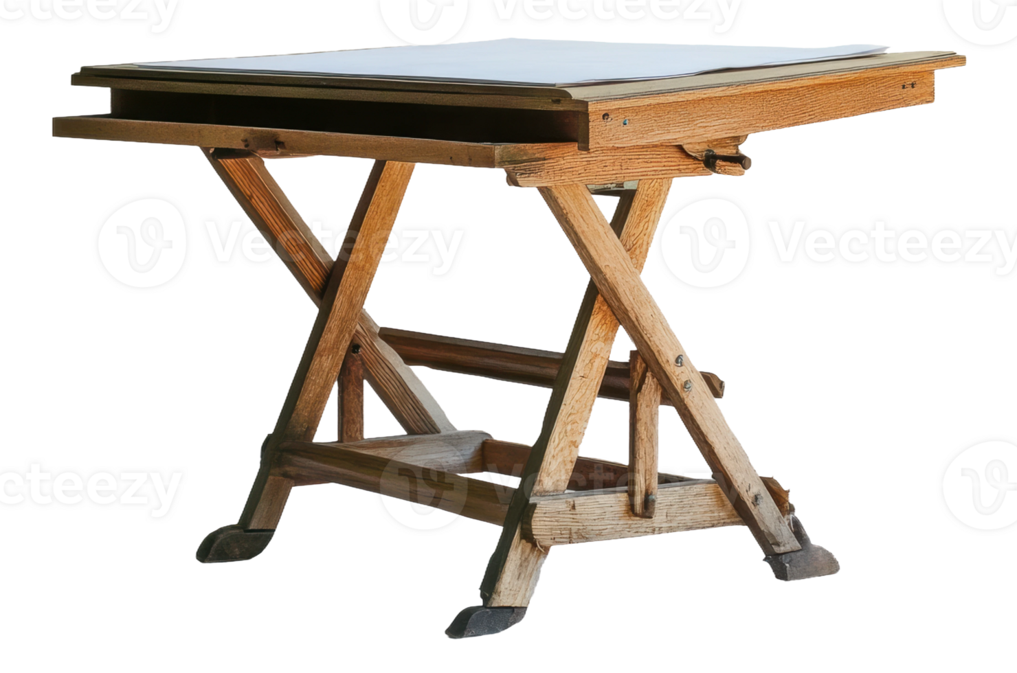 Vintage wooden drawing table with a folding design in a bright setting, cut out - stock . png