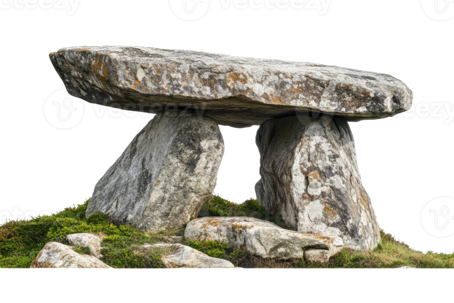 Ancient stone dolmen surrounded by greenery on a hillside during daylight, cut out - stock . png