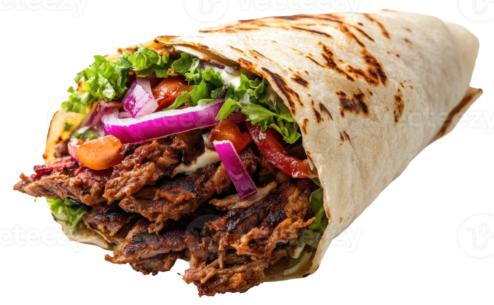 Freshly made burrito filled with grilled meat, fresh vegetables, and sauces, cut out - stock . png