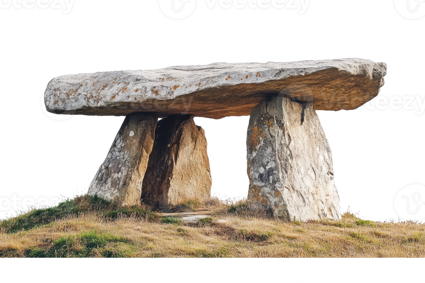 Ancient dolmen stands on hillside surrounded by grasses at sunset, cut out - stock . png