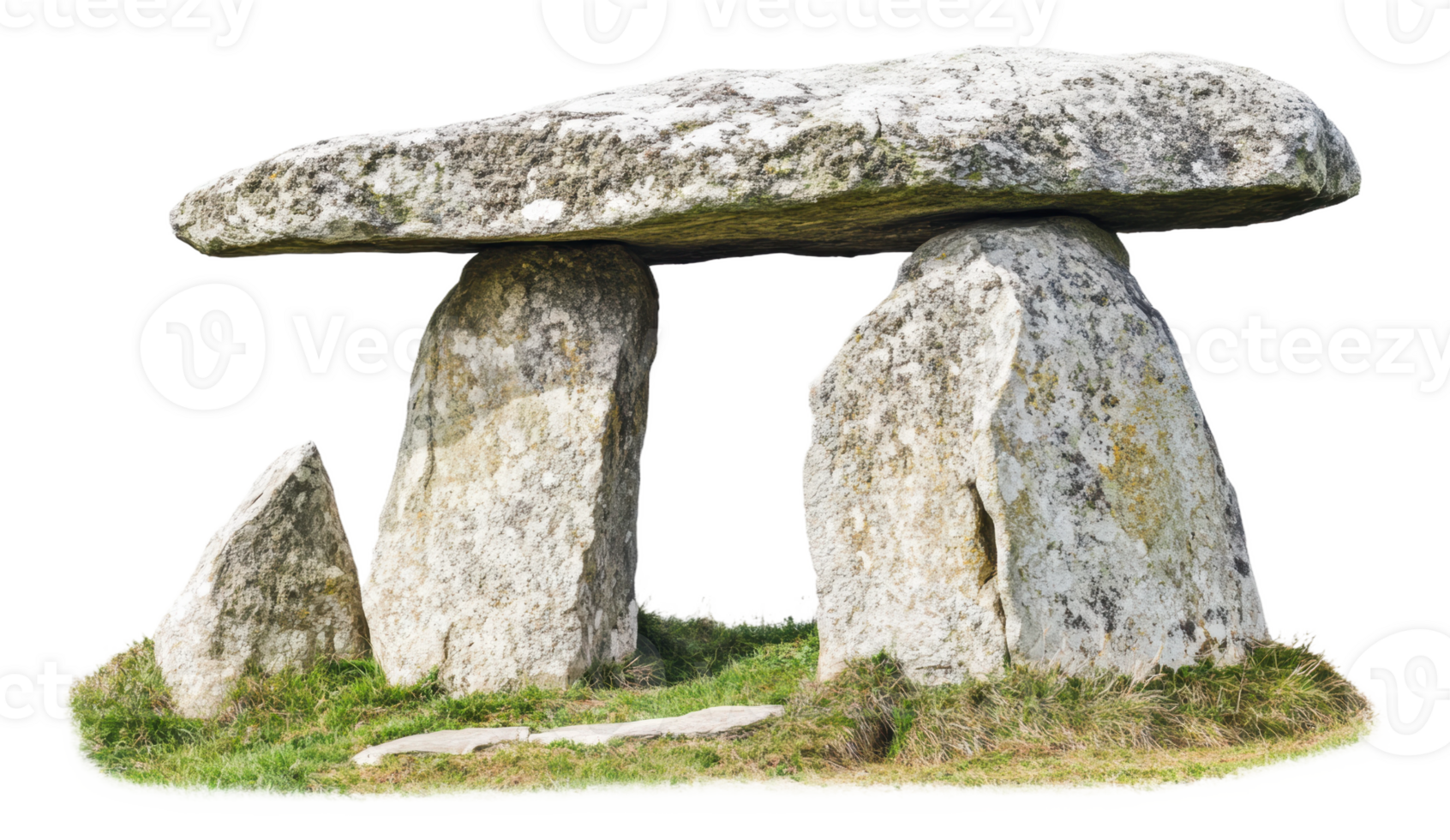 Ancient stone dolmen located in a grassy landscape during daylight hours, cut out - stock . png