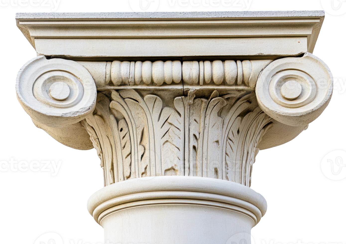Detailed view of a classical Corinthian column showcasing intricate leaf designs and scrolls, captured in bright daylight, cut out - stock . png
