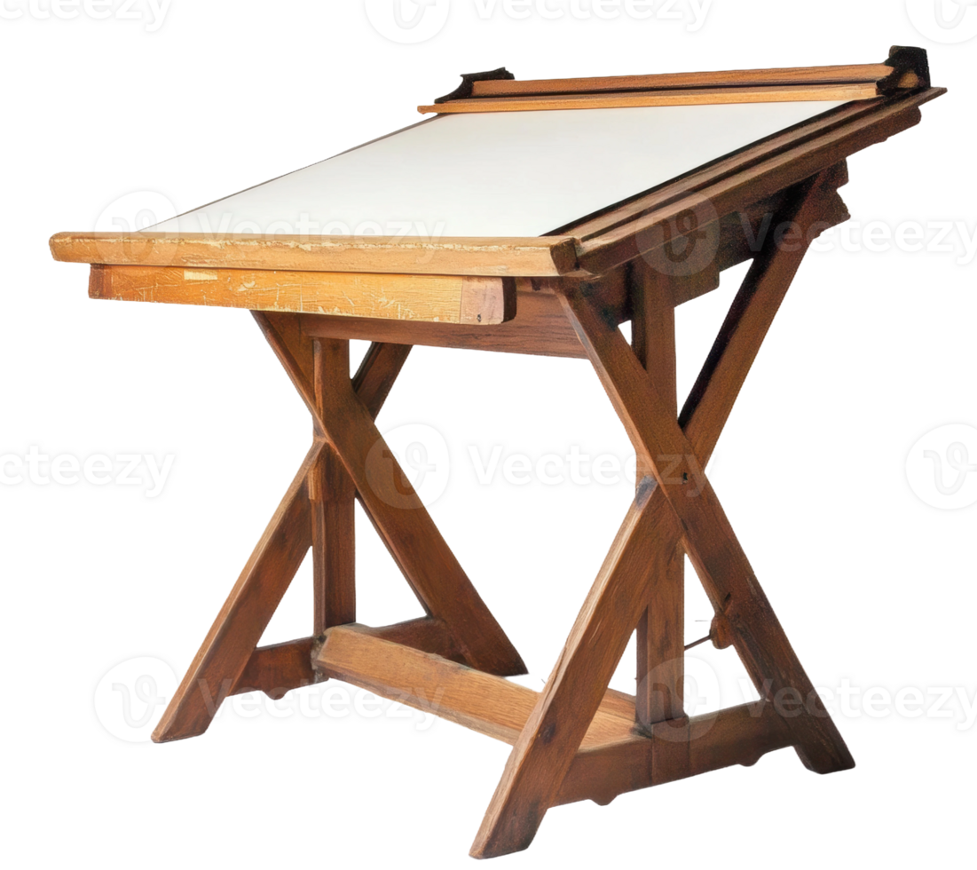 Wooden drafting table with adjustable surface in a well-lit workspace, cut out - stock . png