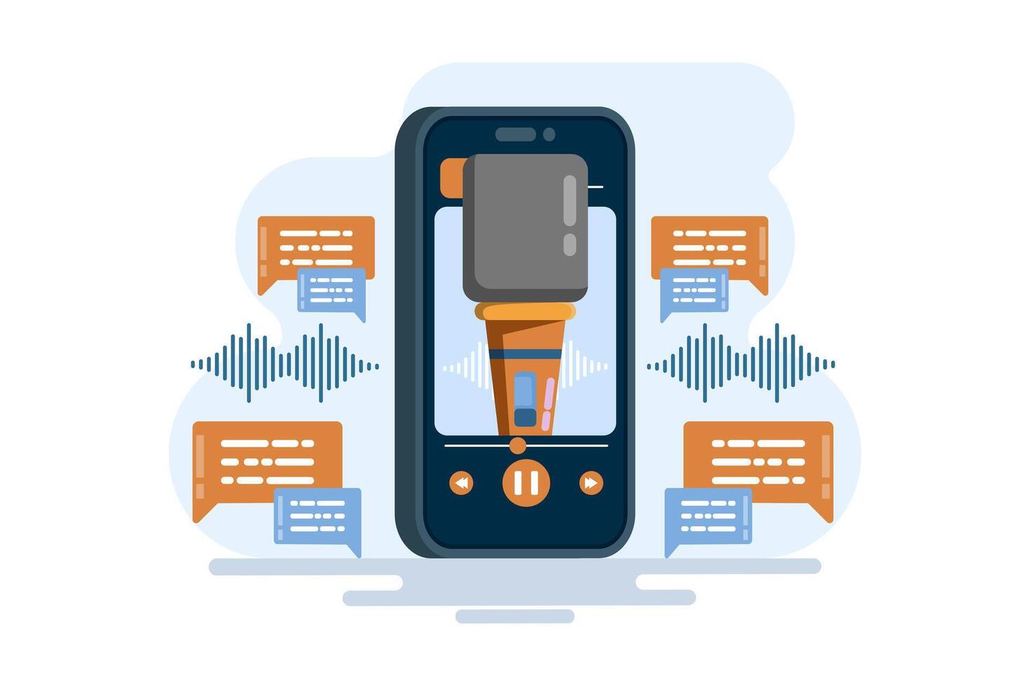 The audio marketing concept uses sound-based content, streaming podcasts, and other sound productions to promote brands. Audio advertising digital content strategy, flat illustration. vector