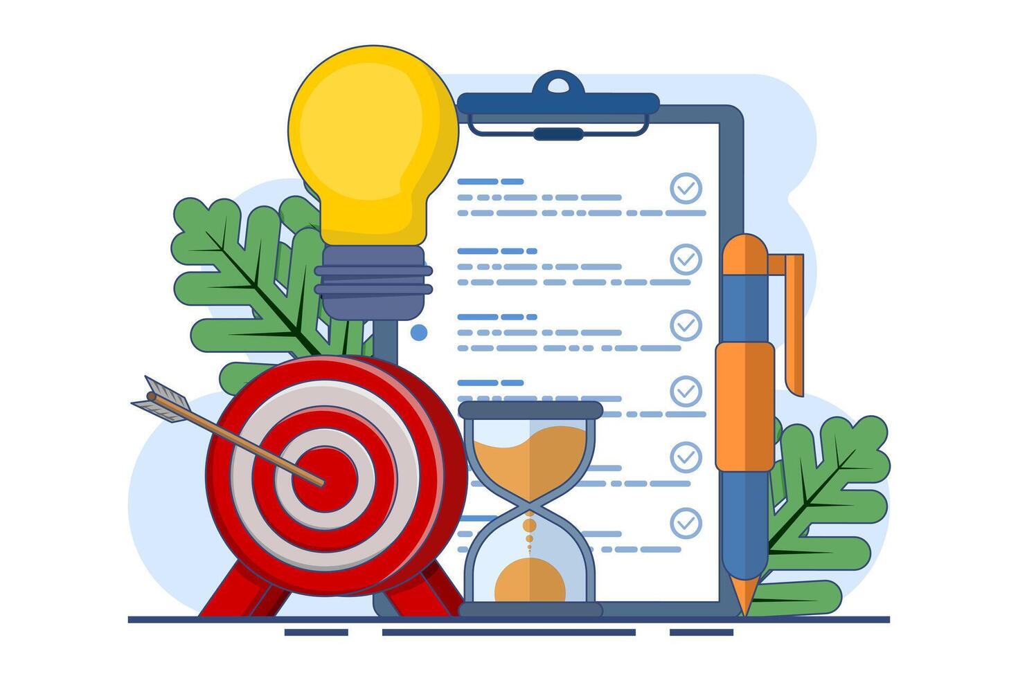 concept of achieving goals, business development ideas and strategies, entrepreneurship and time management, success, strategic business planning. Achieve the target. Cartoon flat illustration vector