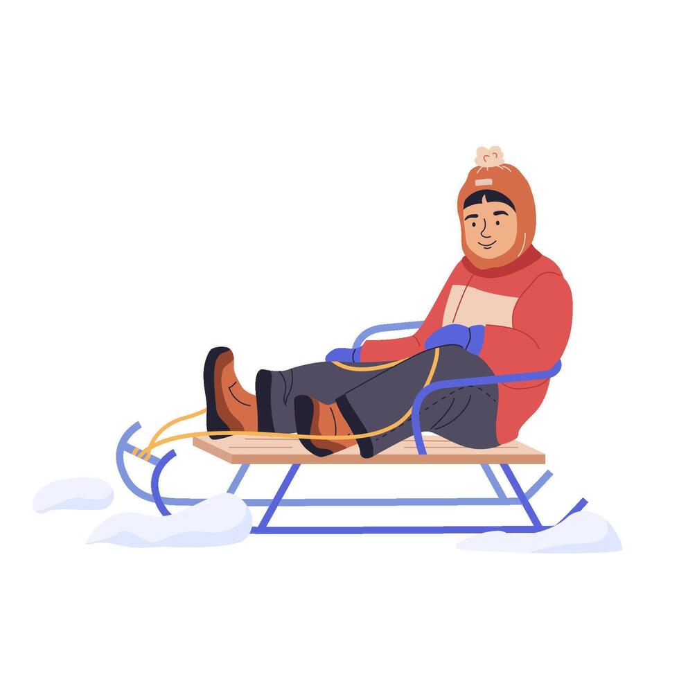 Little boy rides on a sledding on the snow, winter. Male kids character isolated on white. Winter fun. Flat illustration in cartoon style. vector