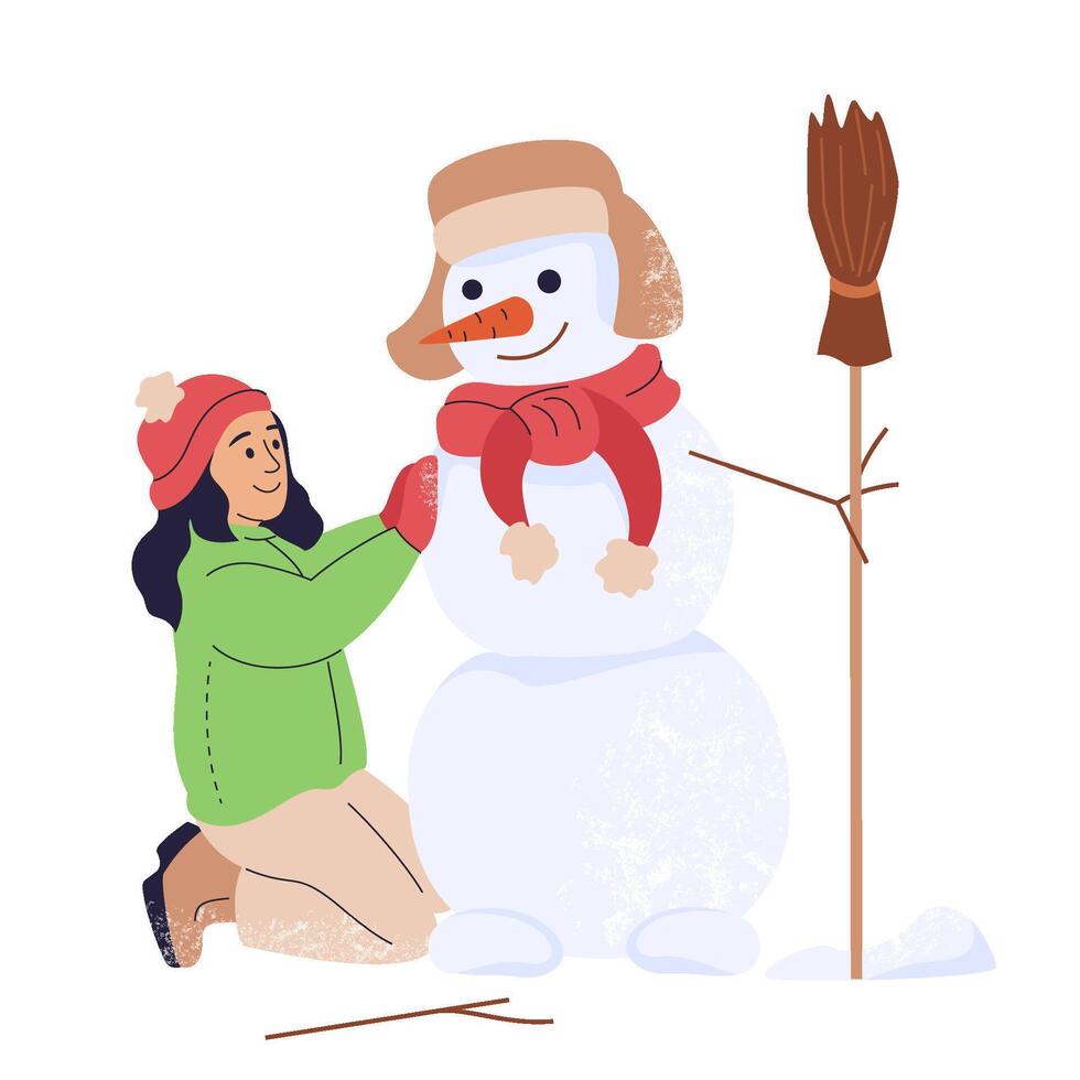 Smiling girl dressed in outerwear building snowman. Kid playing alone outdoors on winter holidays. Cute little child having fun in wintertime. Vacation and childhood. Flat illustration isolated vector