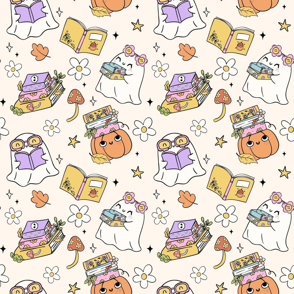 Groovy Retro Ghost Reading Book Halloween Seamless Pattern Playful Trendy Bookish Cartoon doodle vector
