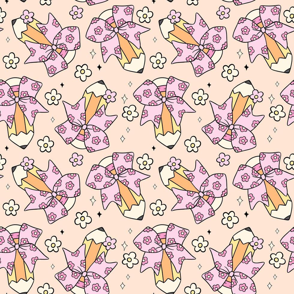 Groovy School Pencil with Bow Flower Power Retro School Seamless Pattern vector