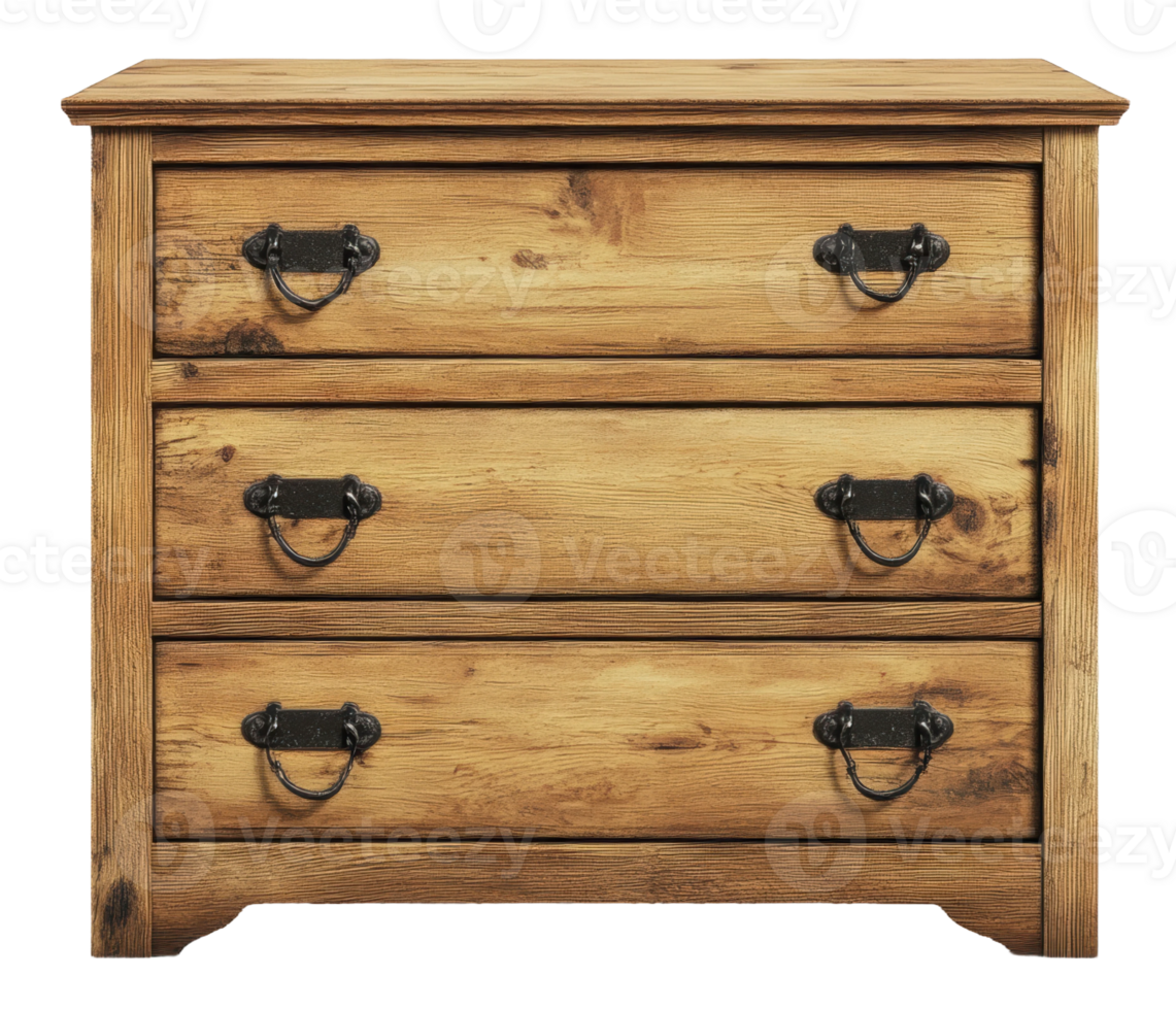 Rustic wooden dresser with three drawers, cut out - stock . png